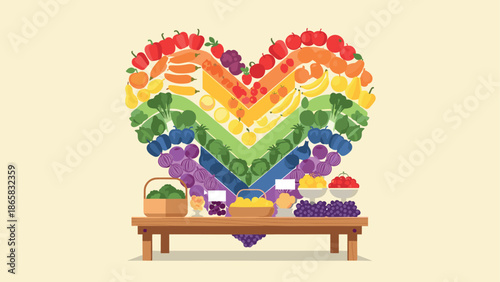 Colorful heart-shaped rainbow of fruits and vegetables on a table