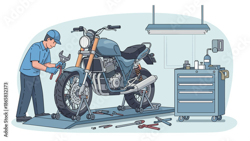 Mechanic fixing motorcycle in garage workshop with tools and equipment