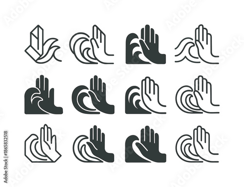 Professional Detachment Icons. Professional detachment. Icon set. Set Logo of Professional detachment: hand stopping emotional waves. harmonious logo