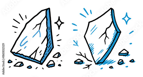 Angled cracked ice shard with blue outlines and surrounding debris on white background