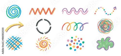 Set of twelve colorful hand-drawn doodles with a rough crayon texture, featuring abstract shapes, lines, arrows, spirals, and scribbles in a playful and creative art style
