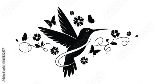 A captivating black hummingbird amidst floral designs and fluttering butterflies presented as a striking silhouette