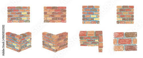 Collection of hand-drawn brick wall illustrations in various patterns and perspectives, featuring a rustic, textured style with earthy red, orange, and brown tones