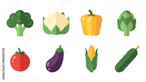 Colorful flat design vegetables set including tomato, broccoli, and corn