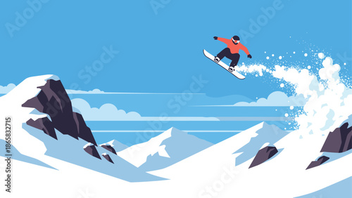 Snowboarder performing trick in mountainous winter landscape with clear blue sky