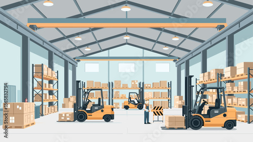 Modern industrial warehouse with forklifts and workers in action