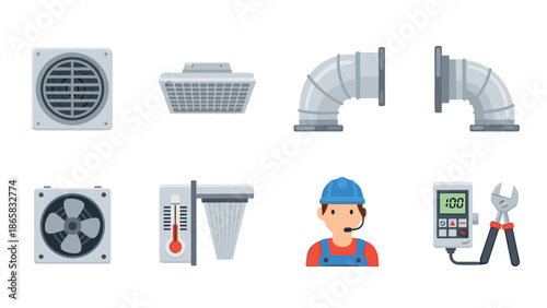 Hvac maintenance tools and components set with technician character in flat style