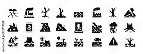 Environmental icons depicting pollution, deforestation, and environmental hazards