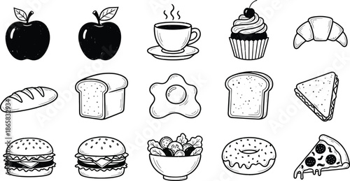 A set of nine black and white icons depicting dining and food related items in a grid pattern