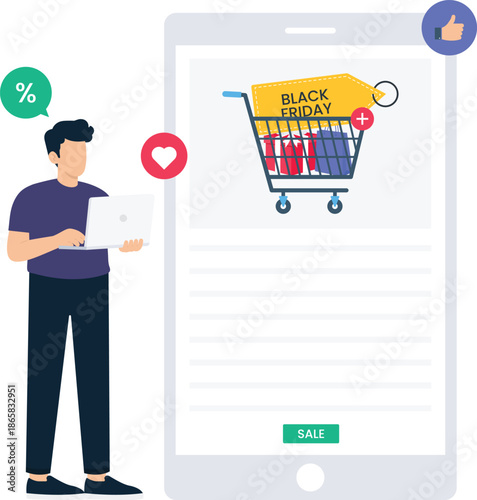 Man using laptop computer online shopping Black Friday sale event mobile commerce digital marketing discount offer seasonal promotion retail sale e commerce flat design