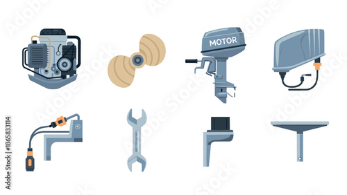 Marine engine components and tools set in flat design