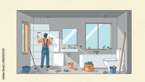 Home renovation scene with worker tiling bathroom in cozy interior setting