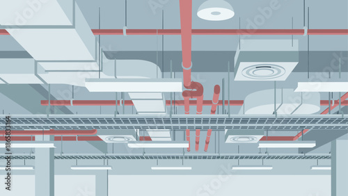 Modern industrial ceiling design with ventilation system and pipes in flat style
