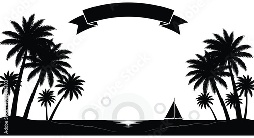 a tropical beach scene with palm trees a sailboat and a ribbon banner presented in silhouette