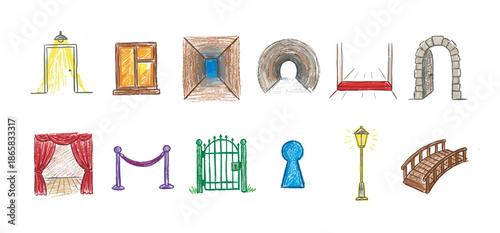 Collection of colorful hand-drawn illustrations showing various entrances, passages, and architectural elements like doors, gates, tunnels, a bridge, and a keyhole in a sketchy doodle style