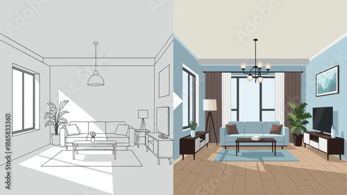 Stylish living room design: from sketch to modern interior with natural light