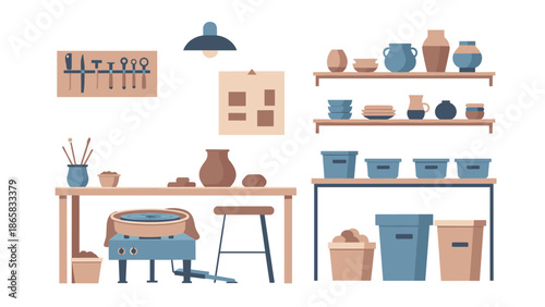 Cozy pottery studio with tools and clay on shelves in minimalist style