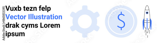 Business growth, tech innovation, startup development, financial investment, automation, entrepreneurship. Gear, dollar sign and rocket icon with minimal design. Startup development and business