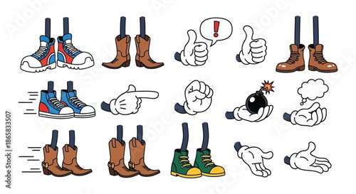 Cartoon feet and hands with various shoes and explosive elements
