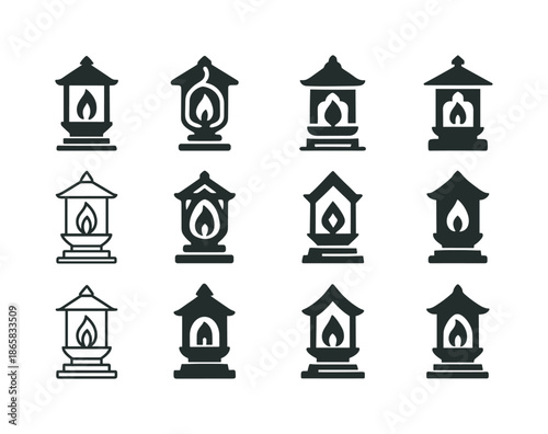 Sacred Pilgrimage Icons. Pilgrimage routes and sacred destinations. Icon set. Set Logo of pilgrimage routes and sacred destinations: shrine lantern. harmonious