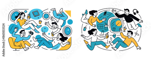 Young diverse adults enjoying zero gravity activities and technology interaction