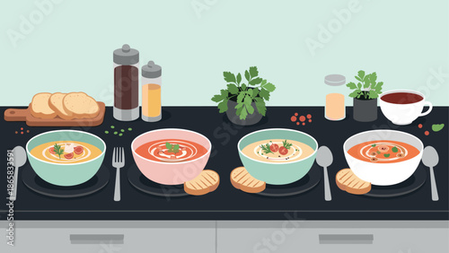 Homestyle soup variety on kitchen counter with bread and fresh herbs in flat design