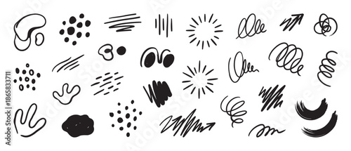 Large collection of hand drawn black doodles and abstract shapes featuring various scribbles, lines, dots, swirls, arrows, and brush strokes in a minimalist graphic style
