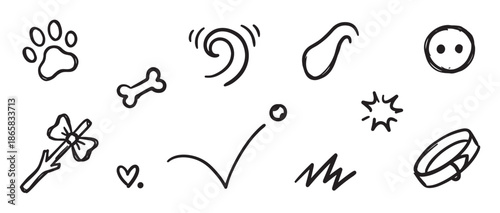 Hand drawn black and white doodle icons featuring various pet and dog themed elements like a paw print, bone, collar, and wagging tail in a simple, minimalist sketch style illustration set
