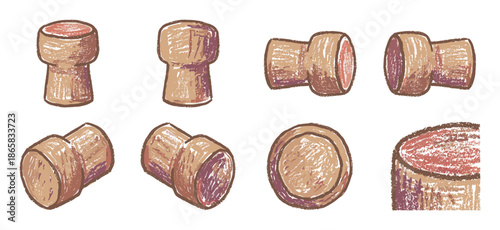 Collection of hand-drawn champagne corks in a crayon sketch style, showing various angles and perspectives for a celebration or winery concept
