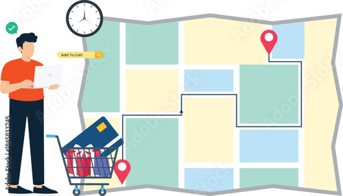 Online shopping delivery tracking logistics management digital commerce customer service retail technology location map fast shipping payment method shopping cart modern concept