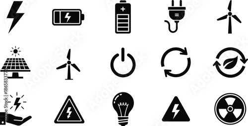 Electricity and energy set icon. Lightning bolt, battery, plug, solar panel, wind turbine, power, renewable energy, electrical safety. Vector stock illustration