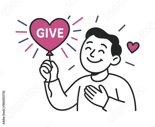 Joyful Charity. Giving to charity ? giving with joy. A character smiles while releasing a heart-shaped balloon labeled ?Give?; radiating shapes express