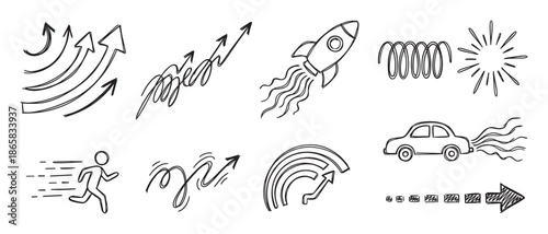Collection of hand-drawn doodle icons representing growth, speed, and progress, including a launching rocket, running person, upward arrows, and a car in a simple sketch style