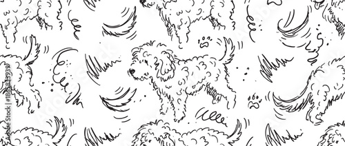 Hand-drawn seamless pattern of a cute poodle dog in a playful sketch style, a monochrome black and white doodle illustration with paw prints and abstract elements for textile or wallpaper