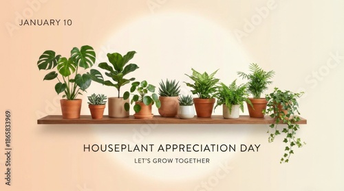 a cleanly designed desktop wallpaper template for houseplant appreciation day features a shelf of various plants against a softly glowing gradient background