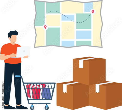 Man checking online shopping delivery service tracking route location map shipping boxes e-commerce business order fulfillment supply chain management retail purchase