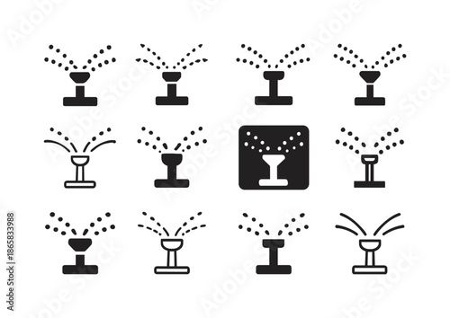 Irrigation System Icons. irrigation system. Icon set. Set Logo of irrigation system: rotating sprinkler arm. harmonious logo variations of the same emblematic