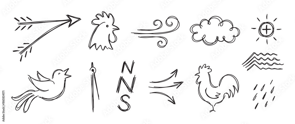 Obraz premium Hand drawn weather and nature icons set featuring a rooster, bird, sun, cloud, wind, and arrows in a simple black line art doodle sketch style for meteorological concepts