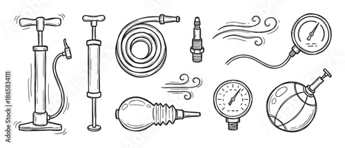 Hand drawn set of car service tools including air pumps, pressure gauges, a hose, and a spark plug in a black and white sketch doodle style illustration for vehicle maintenance