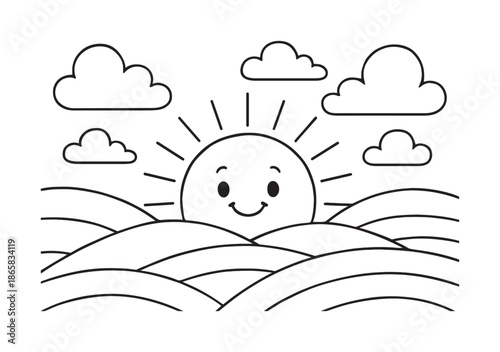Sunset Coloring Page. Sunset over land children?s coloring book illustration, outlined drawing, cartoon sun setting behind rolling hills with fluffy clouds,