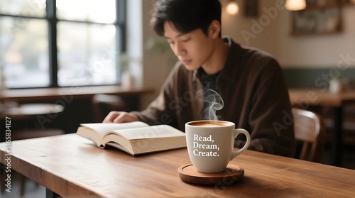 A young man sits at a wooden table in a cozy cafe, reading a book next to a steaming cup of coffee with an inspirational quote.