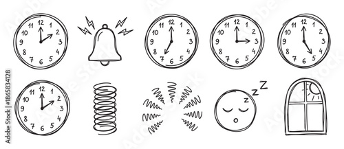 Hand-drawn doodle set of waking up icons including clocks, a ringing alarm bell, a sleeping face, and a window with the morning sun, illustrating a daily routine and time