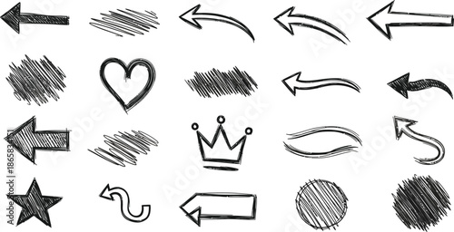 Various bold brush drawn curved arrows. Collection doodle marker thick arrows in different directions. Hand drawn vector direction pointers.