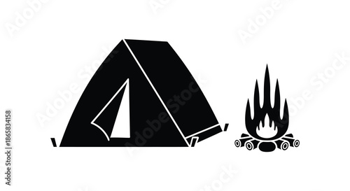 A simple black and white illustration showcasing a tent and campfire presenting a scenic outdoor experience silhouette