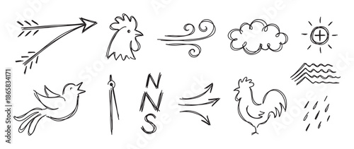 Hand drawn weather and nature icons set featuring a rooster, bird, sun, cloud, wind, and arrows in a simple black line art doodle sketch style for meteorological concepts