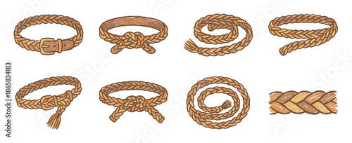 Braided rope and belt illustration set featuring various configurations like knots, coils, and buckles, drawn in a charming, rustic cartoon style with earthy brown and tan colors