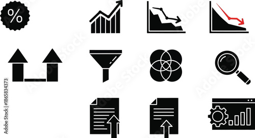 Financial icons depicting graphs, charts, and money with percentage signs and arrows indicating growth and decline in business 