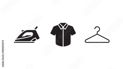 Iron, shirt, and hanger icons in simple flat design with black color on white background for laundry service