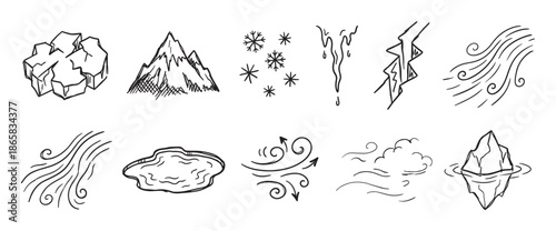 Set of hand-drawn winter nature icons including an iceberg, mountain, snowflakes, wind, and ice in a black and white doodle sketch style illustration for weather concepts