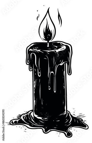 Hand drawn line art illustration of a burning candle with melting wax for gothic themes and ambiance